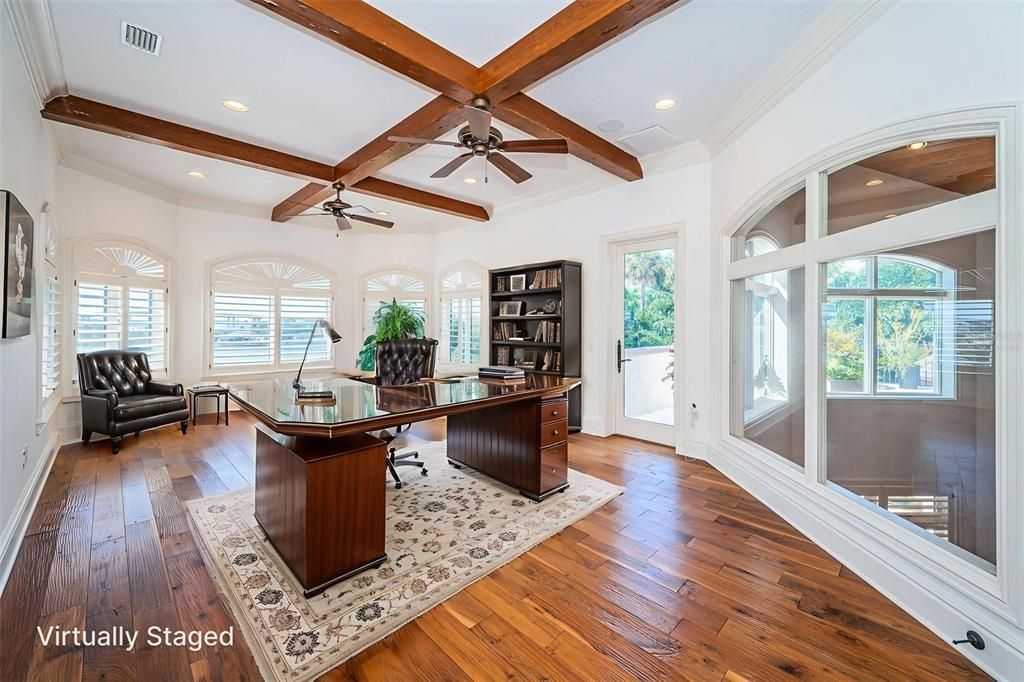 Home Office, Interior, Recessed Lighting, Wooden Beams, Wood Texture Flooring