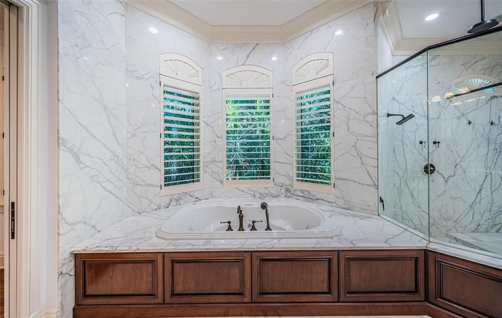 Bathroom, Glass Shower, Interior, Marble Walls, Recessed Lighting
