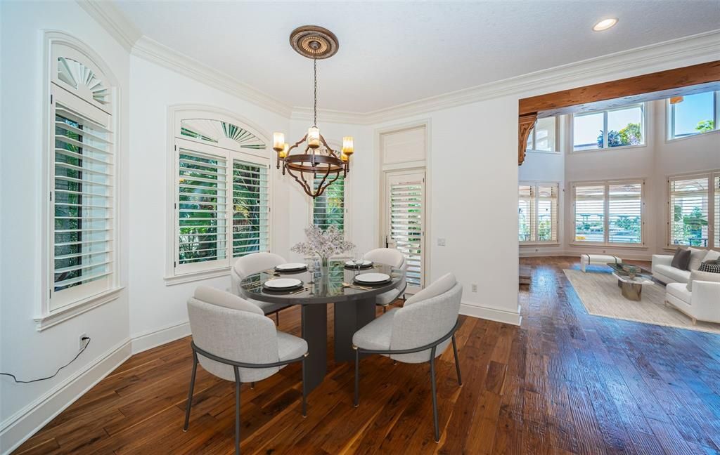 Chandelier, Dining room, Interior, Living room, Recessed Lighting, Wood Texture Flooring