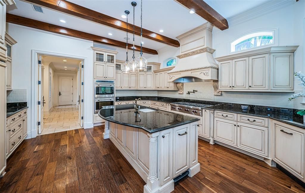 Interior, Kitchen, Pendant Lights, Recessed Lighting, Stainless Steel Appliances, Wooden Beams, Wood Texture Flooring