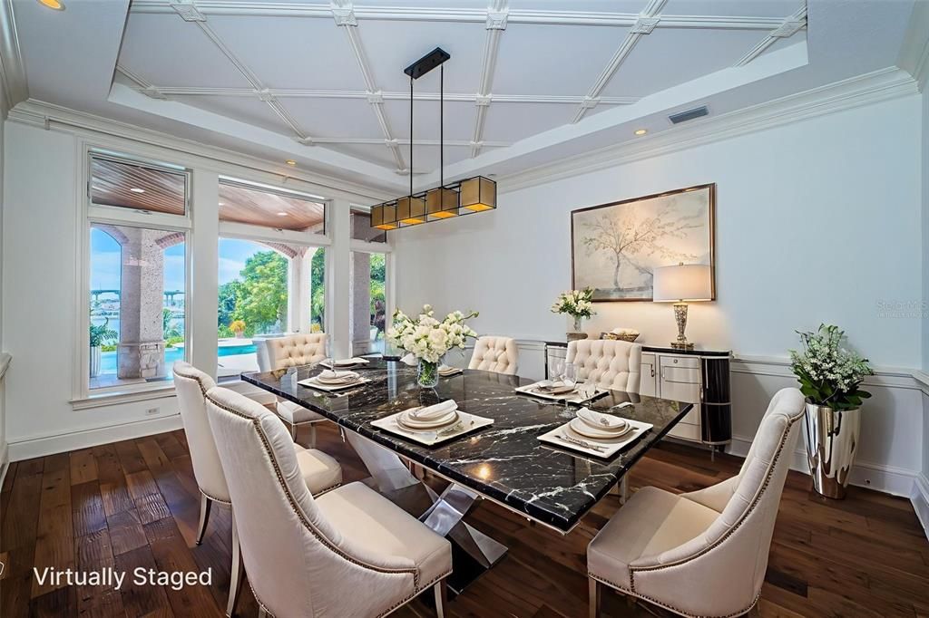 Dining room, Interior, Pendant Lights, Recessed Lighting, Wood Texture Flooring