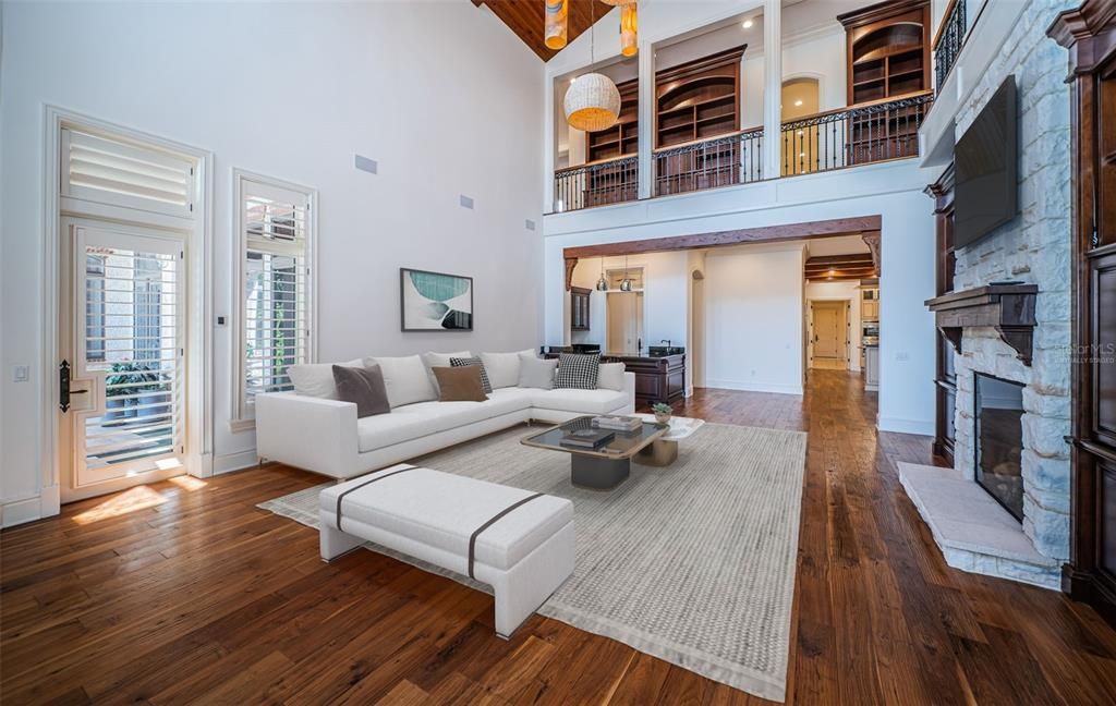 Fireplace, Interior, Living room, Recessed Lighting, Wood Texture Flooring