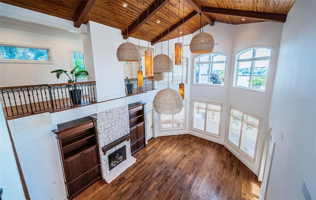 Fireplace, Interior, Pendant Lights, Recessed Lighting, Wooden Beams, Wooden Ceilings, Wood Texture Flooring