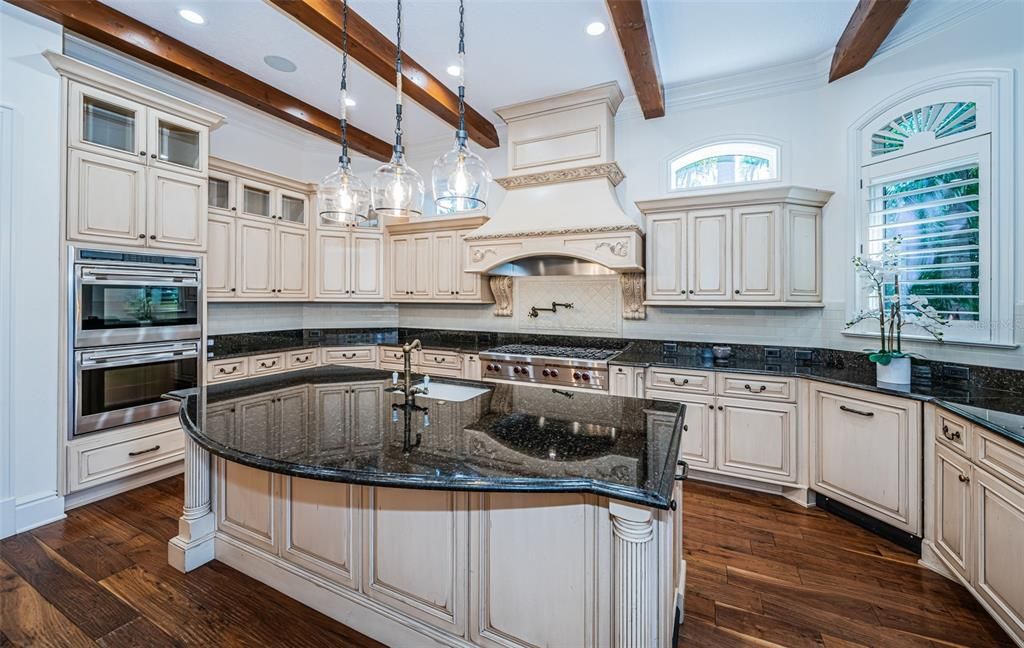 Interior, Kitchen, Pendant Lights, Recessed Lighting, Stainless Steel Appliances, Wooden Beams, Wood Texture Flooring