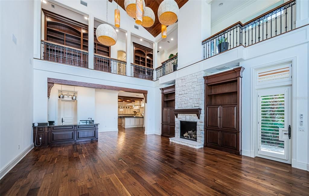 Fireplace, Interior, Pendant Lights, Recessed Lighting, Wood Texture Flooring