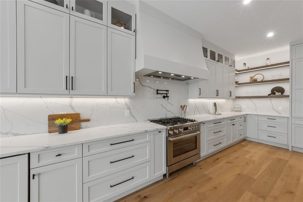 Interior, Kitchen, Marble Walls, Recessed Lighting, Wood Texture Flooring
