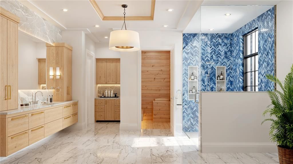 Bathroom, Interior, Marble, Pendant Lights, Recessed Lighting, Wooden Walls