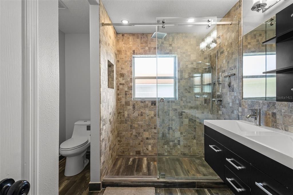 Bathroom, Glass Shower, Interior, Recessed Lighting, Wood Texture Flooring
