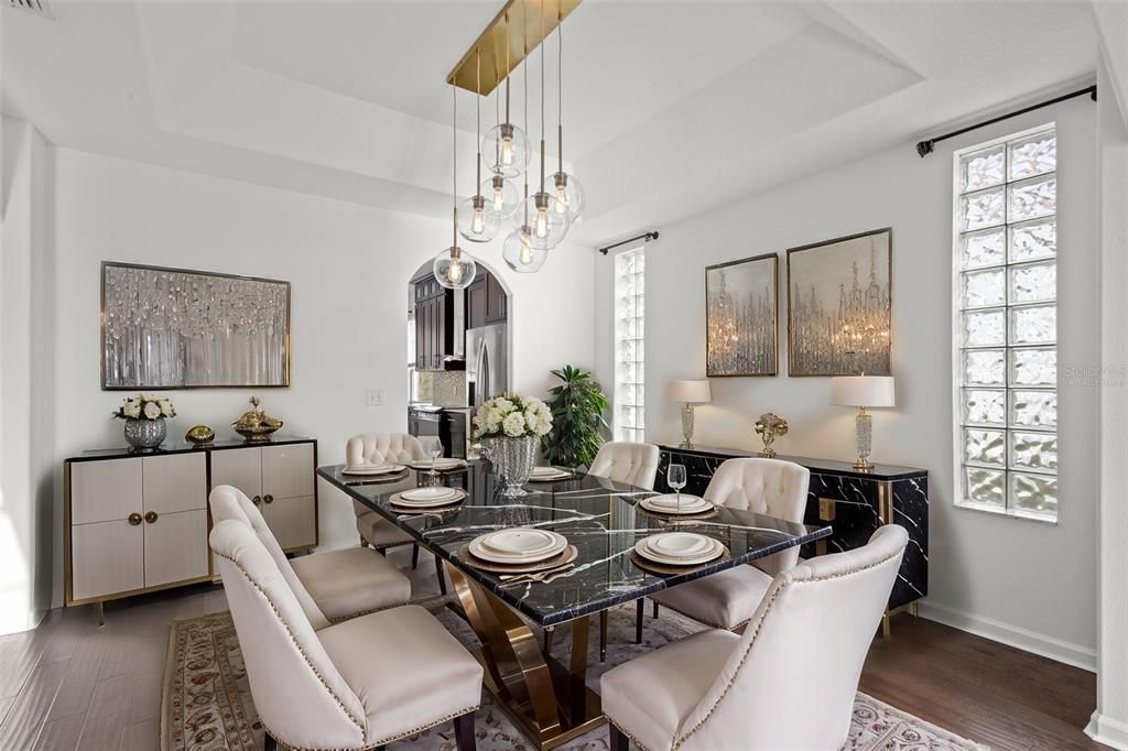 Dining room, Interior, Pendant Lights, Wood Texture Flooring