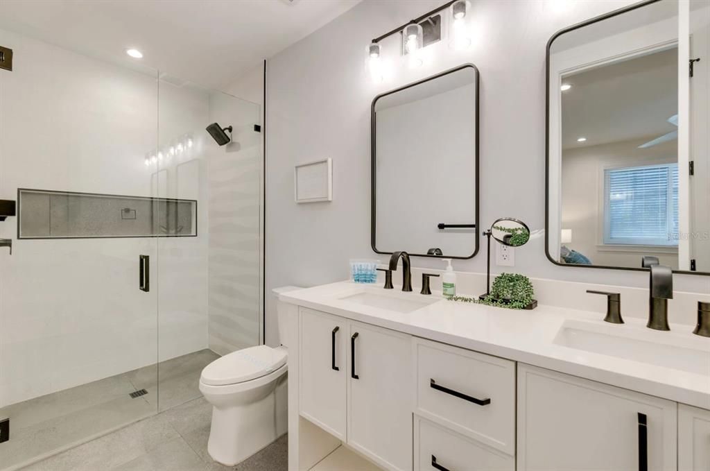 Bathroom, Dual Sink Vanities, Glass Shower, Interior, Recessed Lighting
