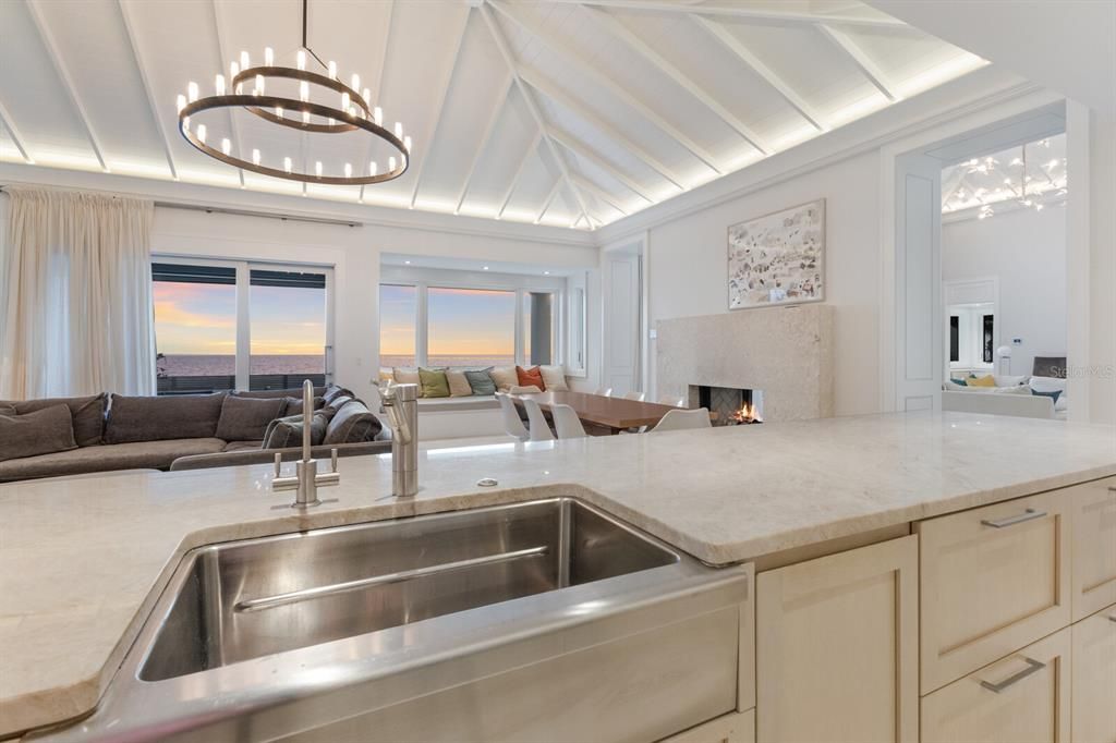 Dining room, Fireplace, Interior, Kitchen, Living room, Pendant Lights, Water