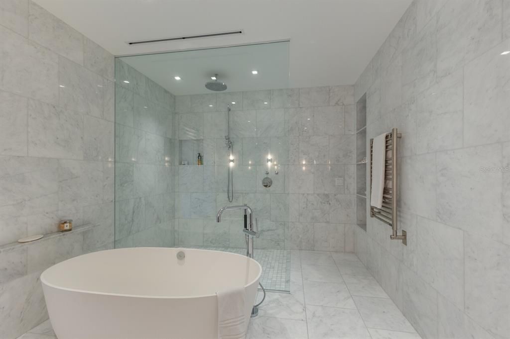 Bathroom, Free Standing Baths, Glass Shower, Interior, Marble, Marble Walls, Recessed Lighting