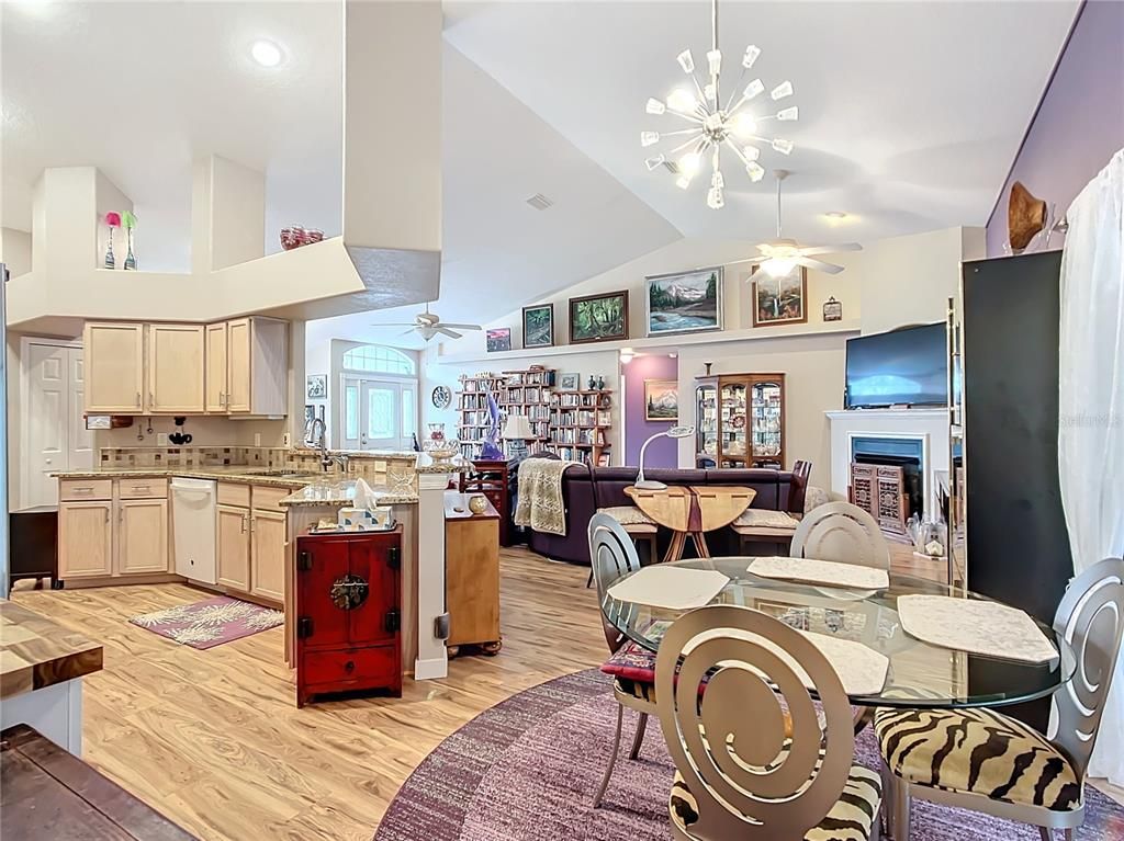Dining room, Fireplace, Interior, Kitchen, Living room, Pendant Lights, Recessed Lighting, Wood Texture Flooring