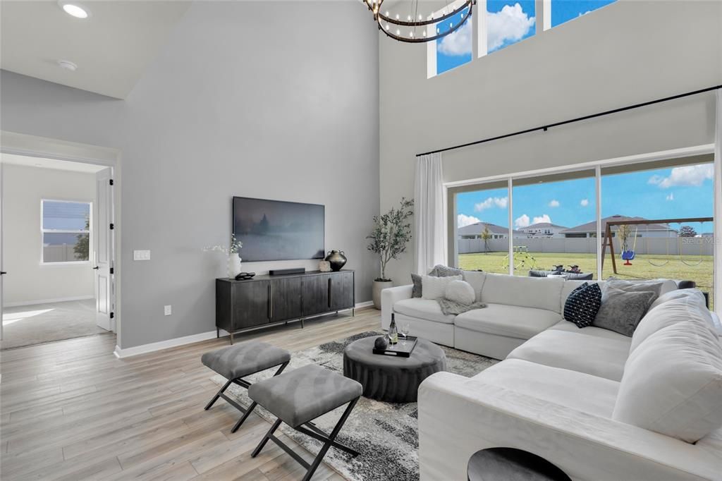 Interior, Living room, Pendant Lights, Recessed Lighting, Wood Texture Flooring