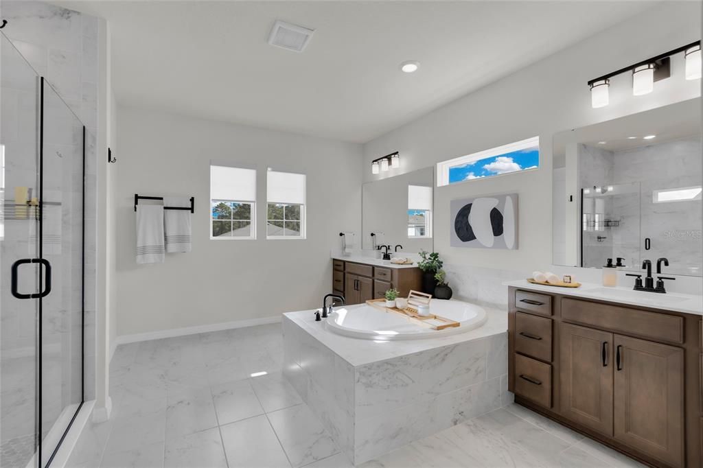 Bathroom, Dual Sink Vanities, Glass Shower, Interior, Marble, Marble Walls, Recessed Lighting