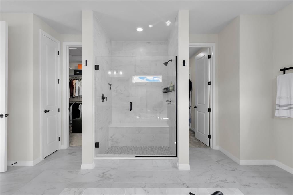 Bathroom, Glass Shower, Interior, Marble, Marble Walls, Recessed Lighting