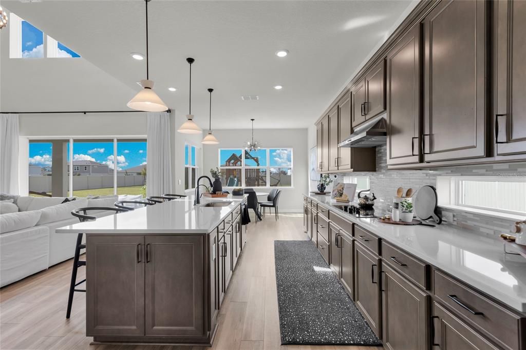 Dining room, Interior, Kitchen, Pendant Lights, Recessed Lighting, Wood Texture Flooring