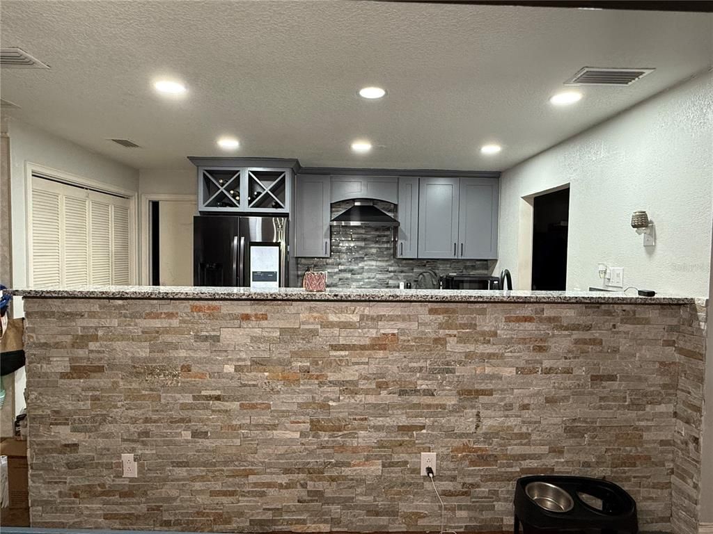 Interior, Kitchen, Recessed Lighting, Stone Walls