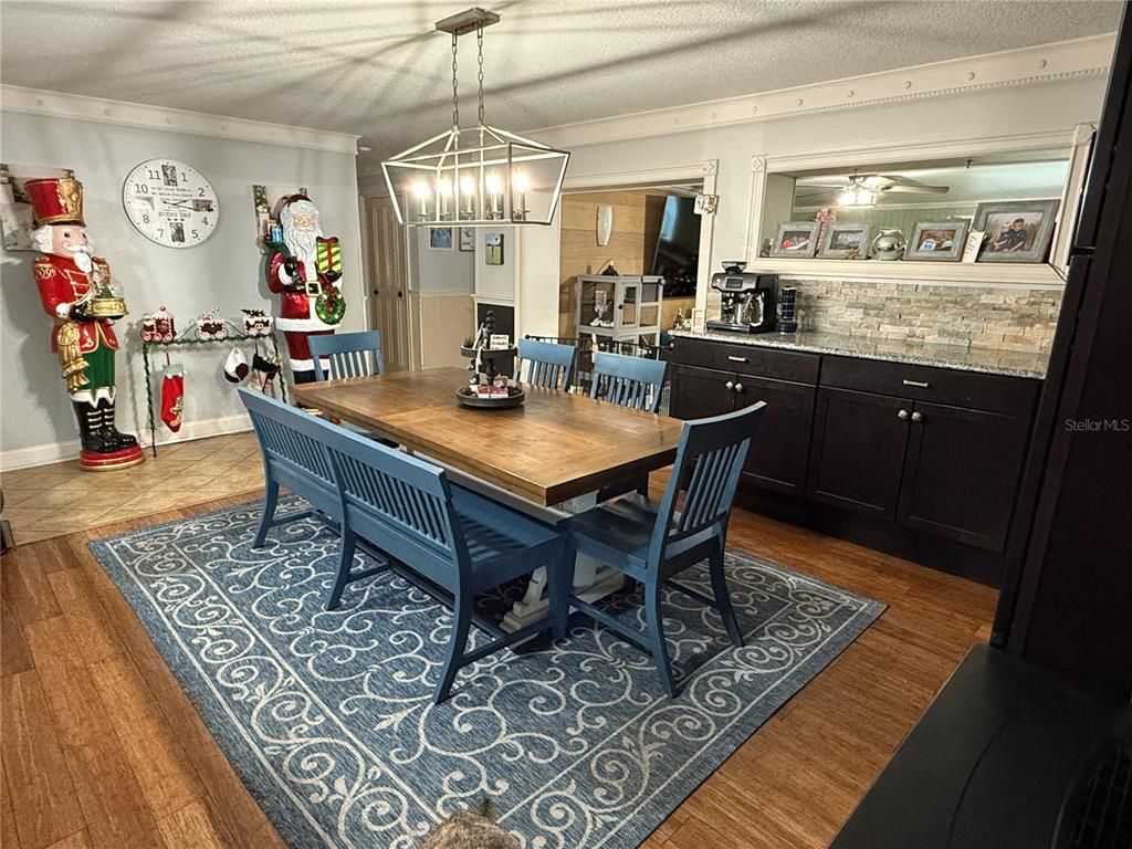 Dining room, Interior, Kitchen, Pendant Lights, Wood Texture Flooring