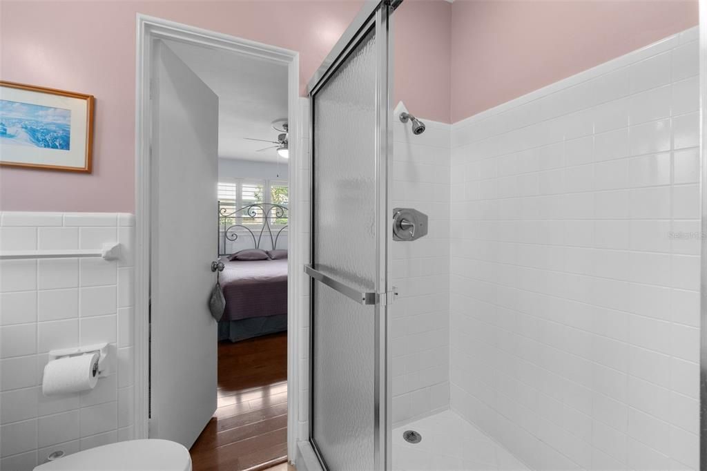 Bathroom, Glass Shower, Interior, Wood Texture Flooring