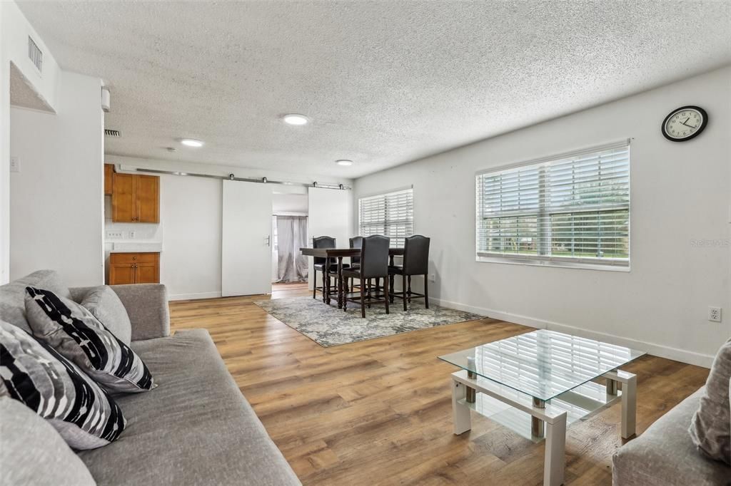 Dining room, Interior, Recessed Lighting, Wood Texture Flooring