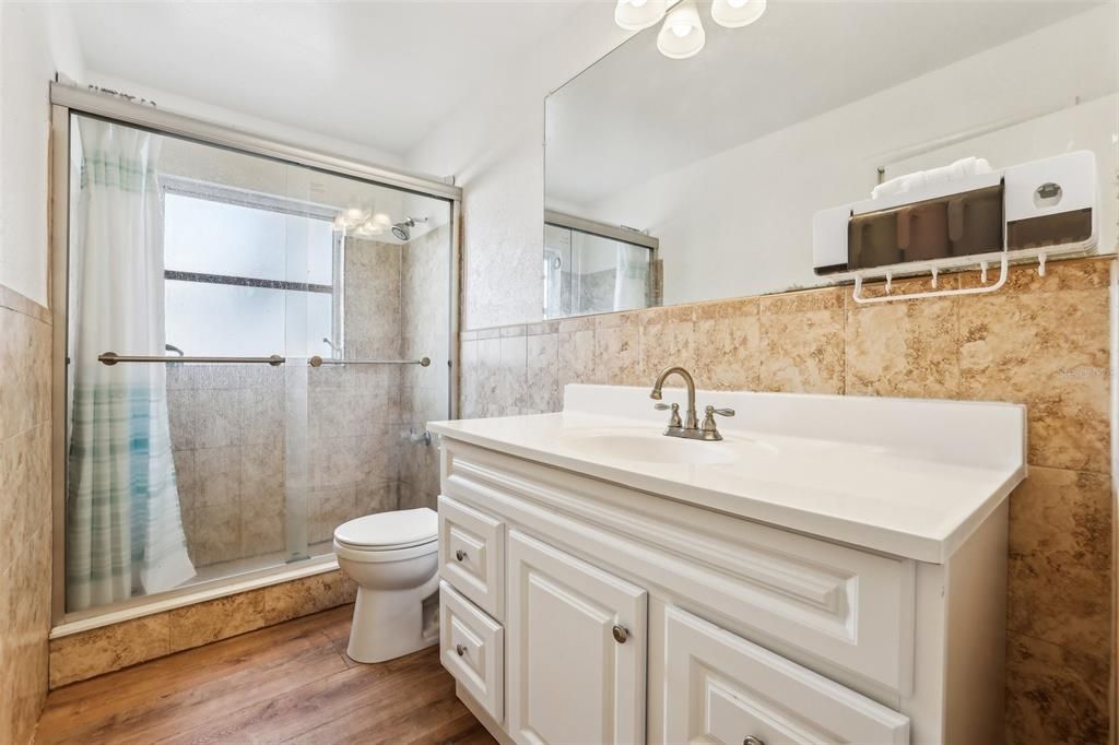 Bathroom, Glass Shower, Interior, Wood Texture Flooring