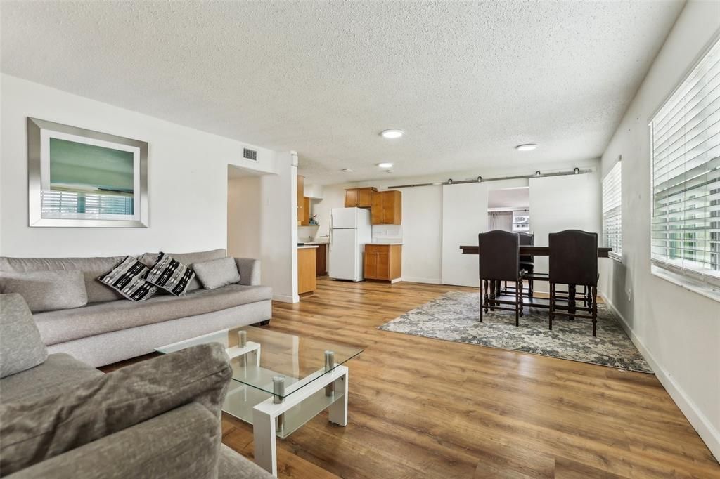 Dining room, Interior, Kitchen, Living room, Recessed Lighting, Wood Texture Flooring