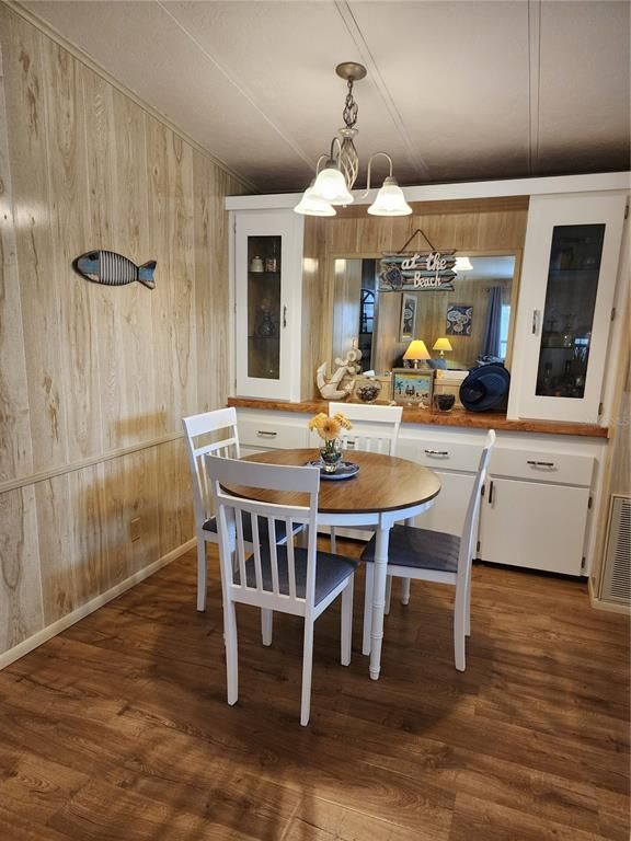 Dining room, Interior, Pendant Lights, Wood Texture Flooring, Wooden Walls
