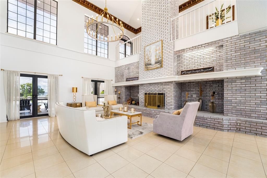 Chandelier, Fireplace, Interior, Living room, Stone Walls