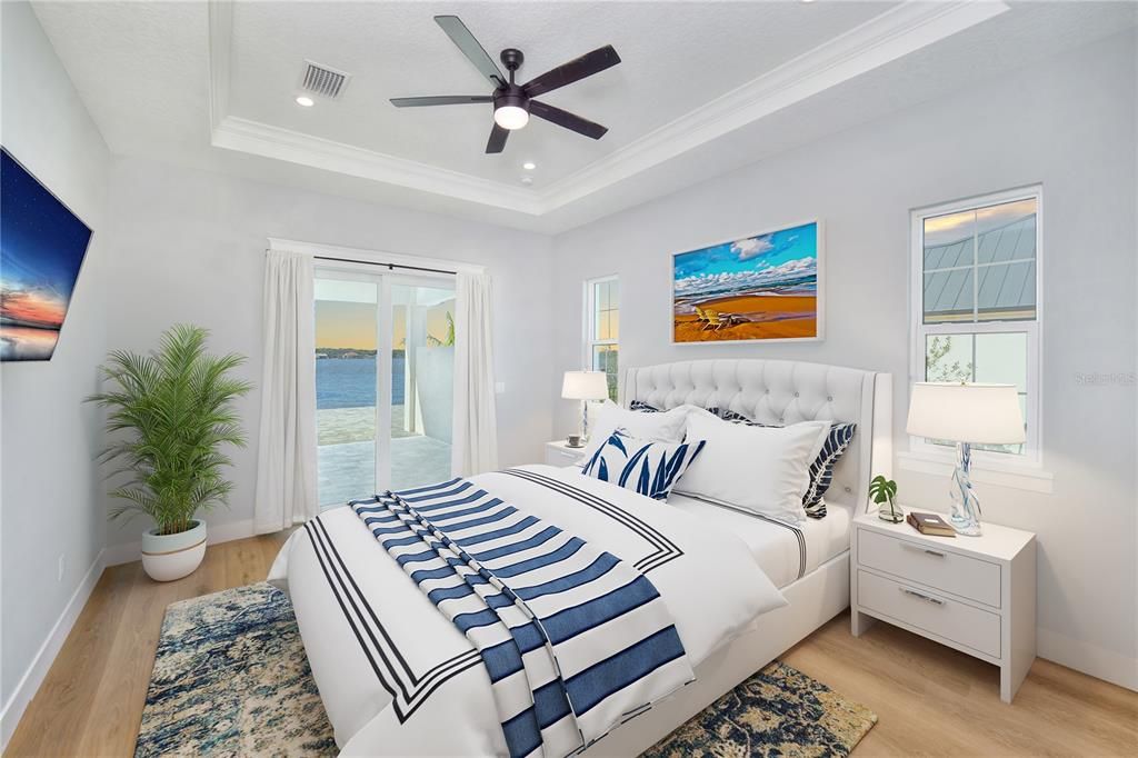 Bedroom, Interior, Recessed Lighting, Water, Wood Texture Flooring