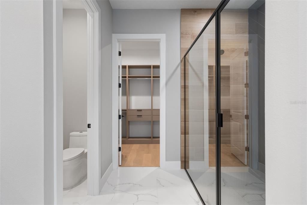 Bathroom, Glass Shower, Interior, Marble, Walk-in Closets, Wood Texture Flooring