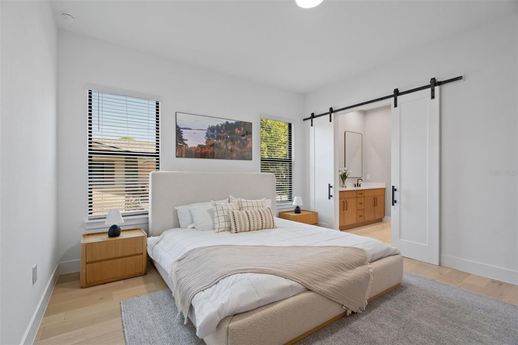 Bedroom, Interior, Recessed Lighting, Wood Texture Flooring