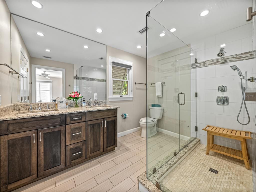 Bathroom, Dual Sink Vanities, Glass Shower, Interior, Recessed Lighting
