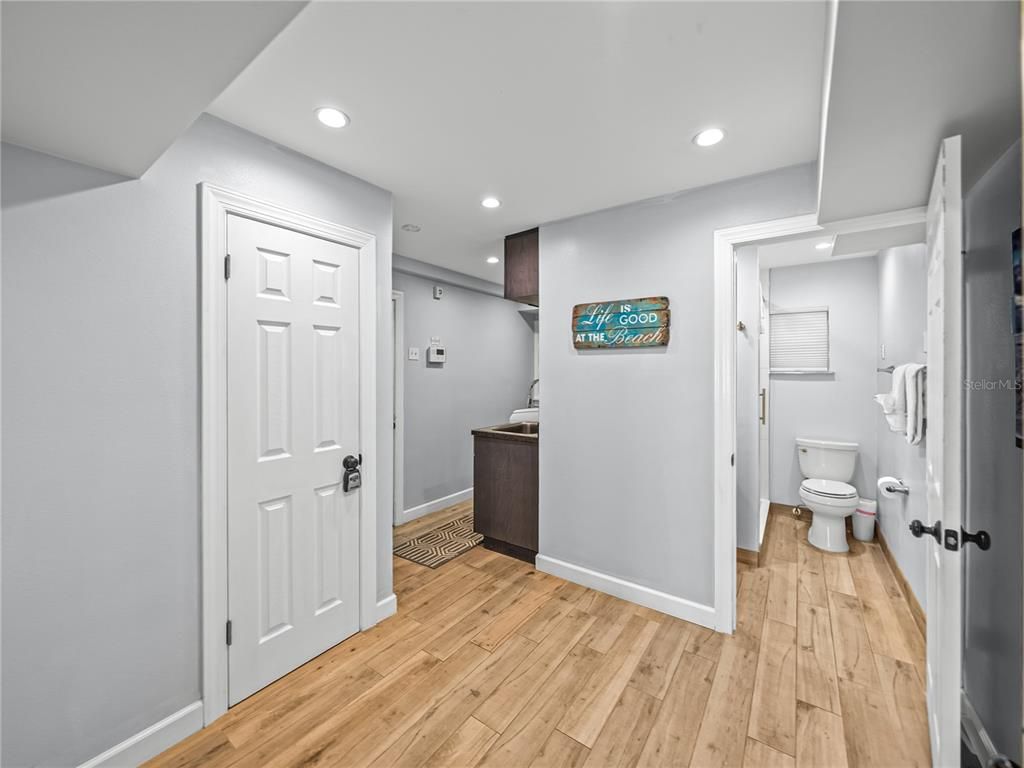 Bathroom, Interior, Recessed Lighting, Wood Texture Flooring