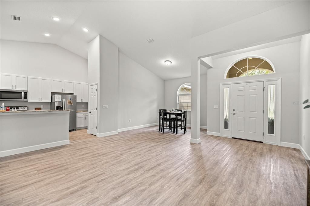 Dining room, Interior, Kitchen, Recessed Lighting, Wood Texture Flooring