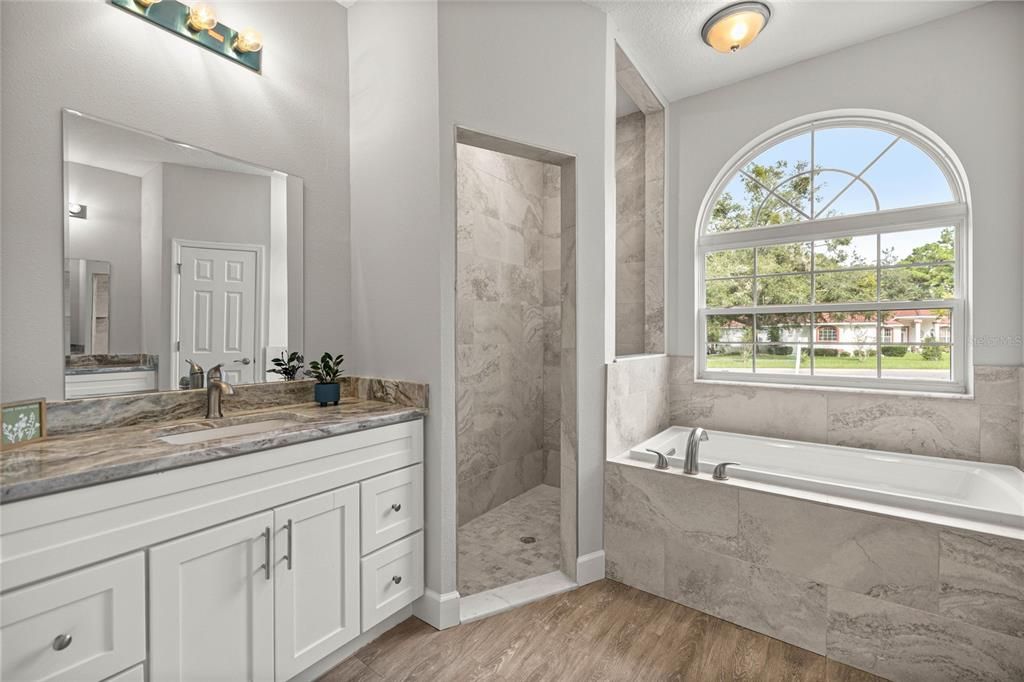 Bathroom, Interior, Marble Walls, Wood Texture Flooring