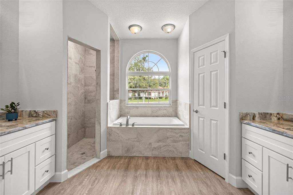Bathroom, Interior, Marble Walls, Wood Texture Flooring
