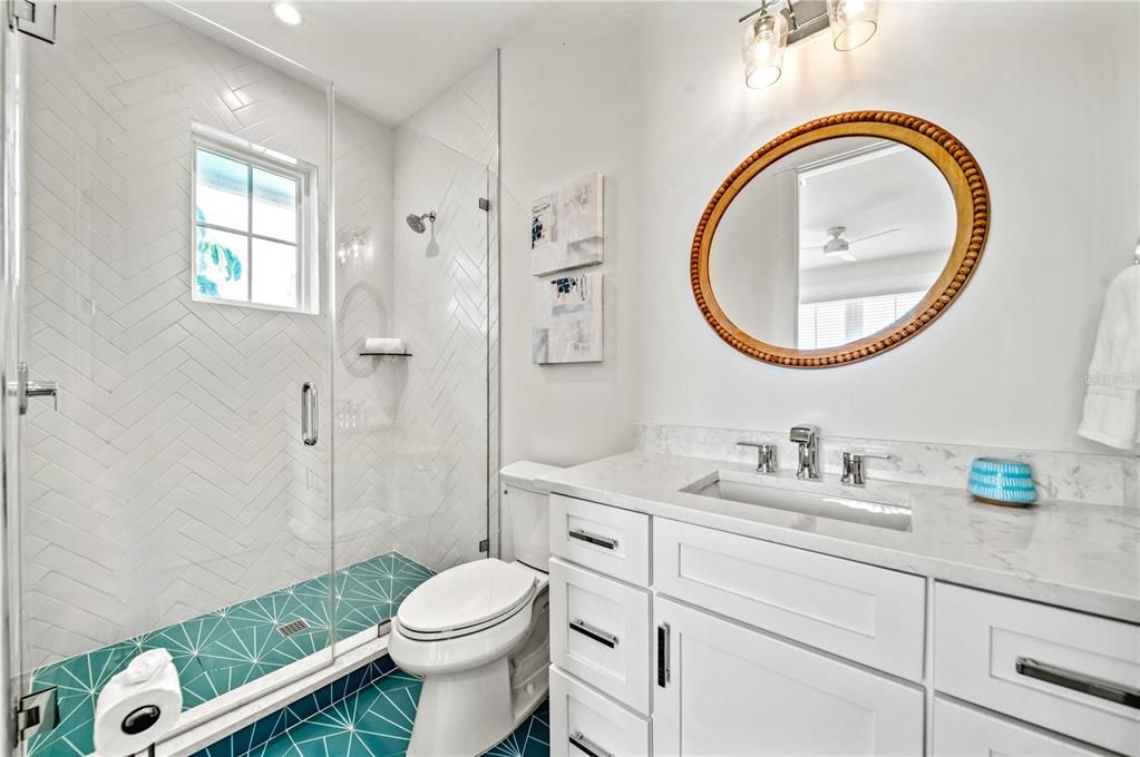 Bathroom, Glass Shower, Interior, Marble Walls, Recessed Lighting