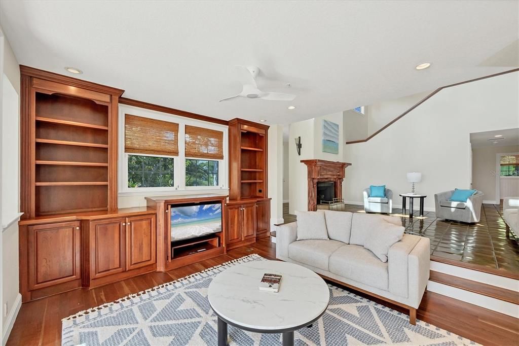 Fireplace, Interior, Living room, Recessed Lighting, Wood Texture Flooring