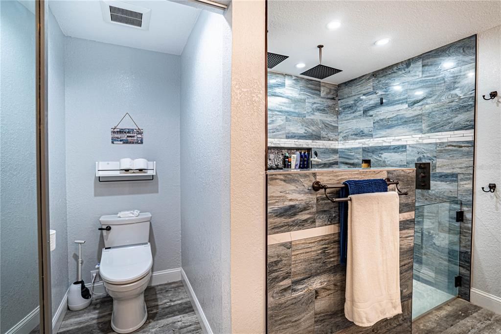 Bathroom, Glass Shower, Interior, Marble Walls, Recessed Lighting