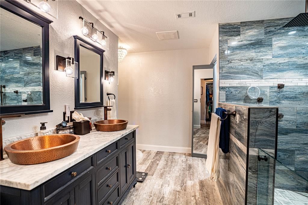 Bathroom, Dual Sink Vanities, Glass Shower, Interior, Wood Texture Flooring