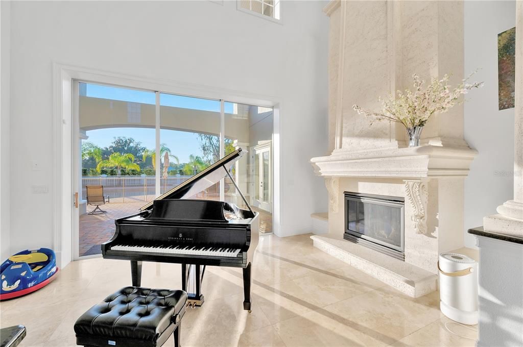 Fireplace, Interior, Piano, Water