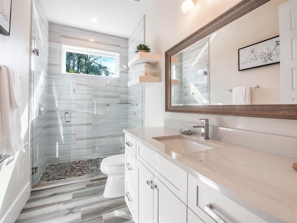 Bathroom, Glass Shower, Interior, Recessed Lighting, Wood Texture Flooring