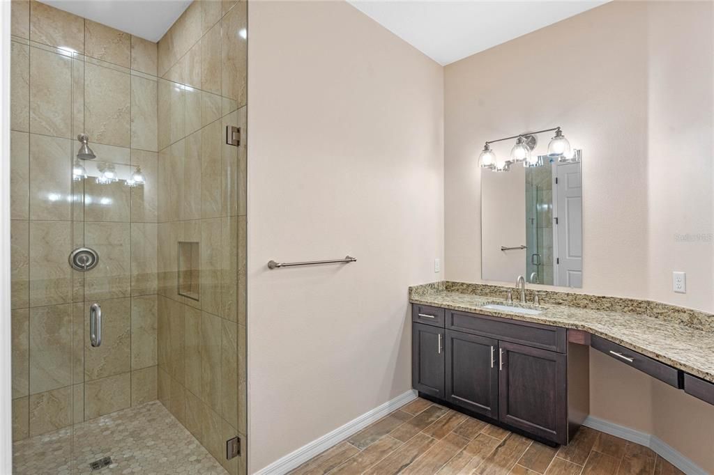 Bathroom, Glass Shower, Interior, Wood Texture Flooring