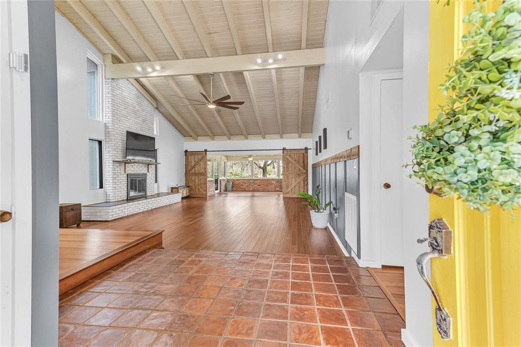 Fireplace, Interior, Recessed Lighting, Wooden Ceilings, Wood Texture Flooring