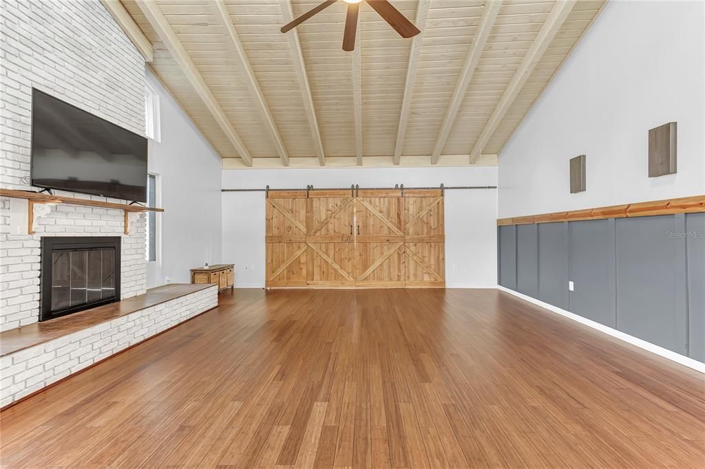 Empty room, Fireplace, Interior, Wooden Ceilings, Wood Texture Flooring