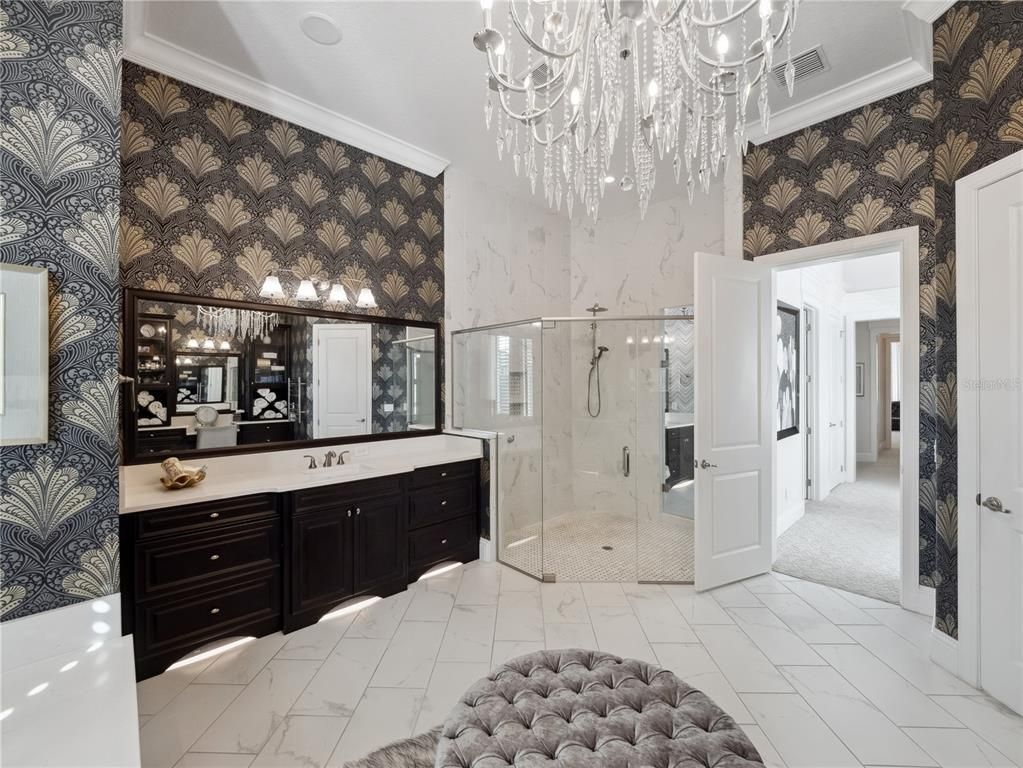 Bathroom, Chandelier, Glass Shower, Interior, Marble, Marble Walls