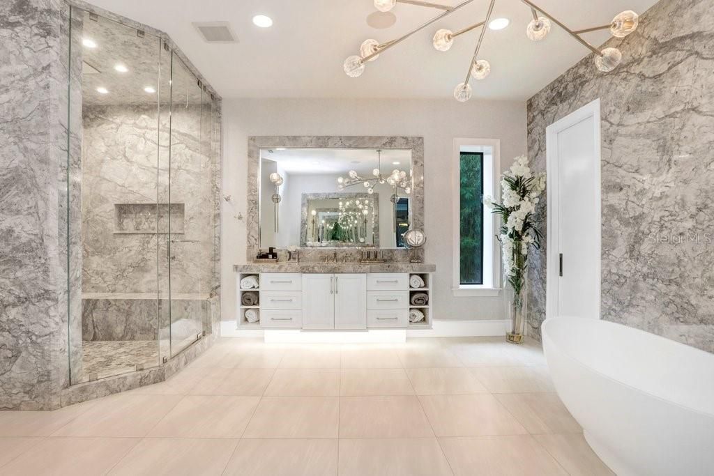 Bathroom, Dual Sink Vanities, Free Standing Baths, Glass Shower, Interior, Pendant Lights, Recessed Lighting