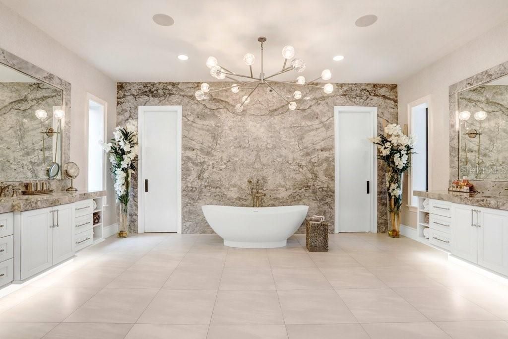 Bathroom, Dual Sink Vanities, Free Standing Baths, Interior, Marble Walls, Pendant Lights, Recessed Lighting