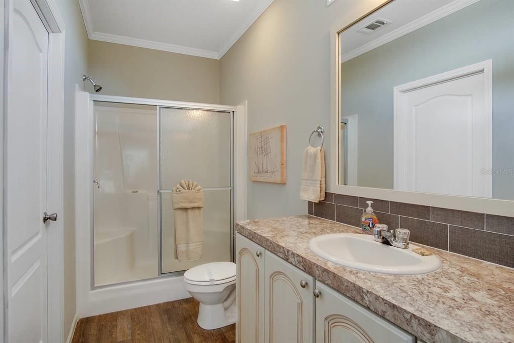Bathroom, Glass Shower, Interior, Wood Texture Flooring